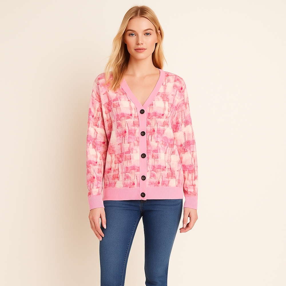 NWOT PINK PLAID PRINTED V NECK CARDIGAN M